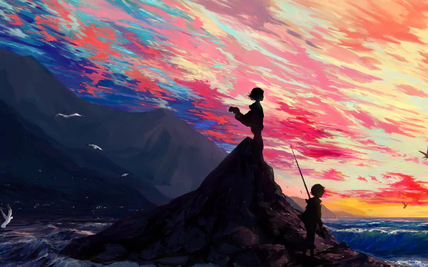A fantasy coastal scene featuring a vibrant sunset sky over the ocean. Silhouetted figures of a child and an adult stand on rocky terrain, gazing out at the colorful horizon.