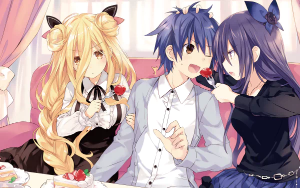 HD wallpaper featuring Mukuro Hoshimiya, Shido Itsuka, and Tohka Yatogami from the anime Date A Live. The characters are enjoying a cozy and fun moment together indoors with desserts.