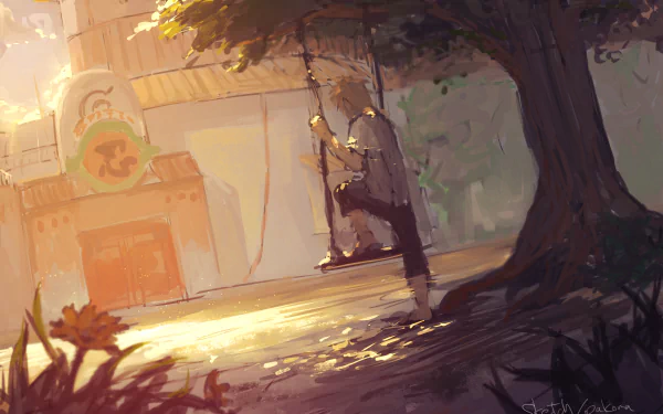 A serene HD wallpaper featuring Naruto Uzumaki, surrounded by soft sunlight and nature, standing by a swing, evoking a peaceful moment in the Naruto anime.