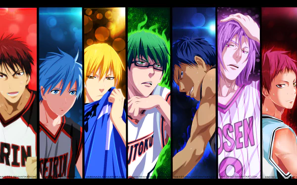 A vibrant HD desktop wallpaper featuring characters from Kuroko's Basketball, showcasing action-packed expressions and dynamic colors that capture the spirit of the anime.