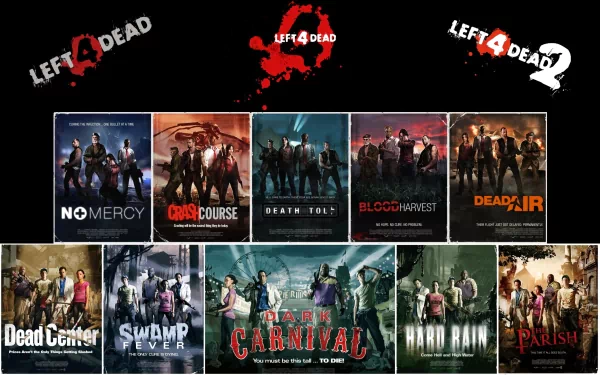 An HD desktop wallpaper featuring iconic scenes and characters from the video games Left 4 Dead and Left 4 Dead 2, showcasing their memorable campaign locations and themes.