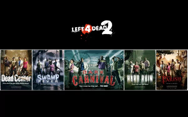 A visually striking HD desktop wallpaper featuring promotional artwork from the video game Left 4 Dead 2, showcasing various campaign locations and characters.