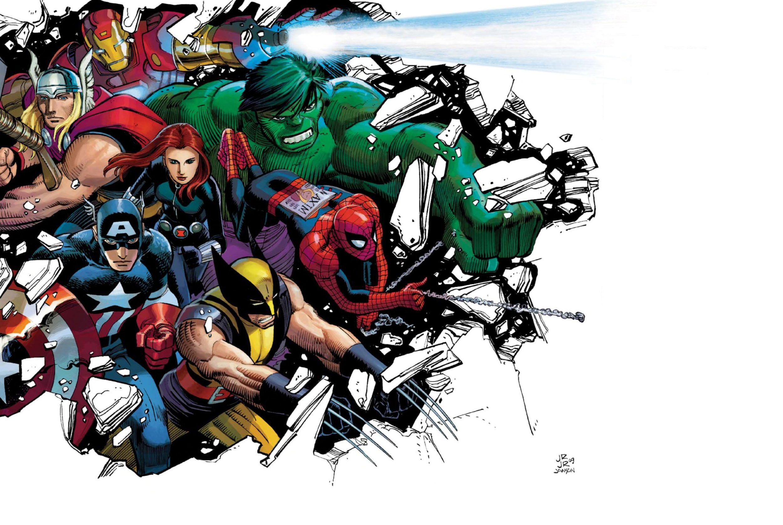 Marvel superheroes unite: Captain America, Hulk, Wolverine, Spider-Man, Iron Man, Thor, Black Widow.