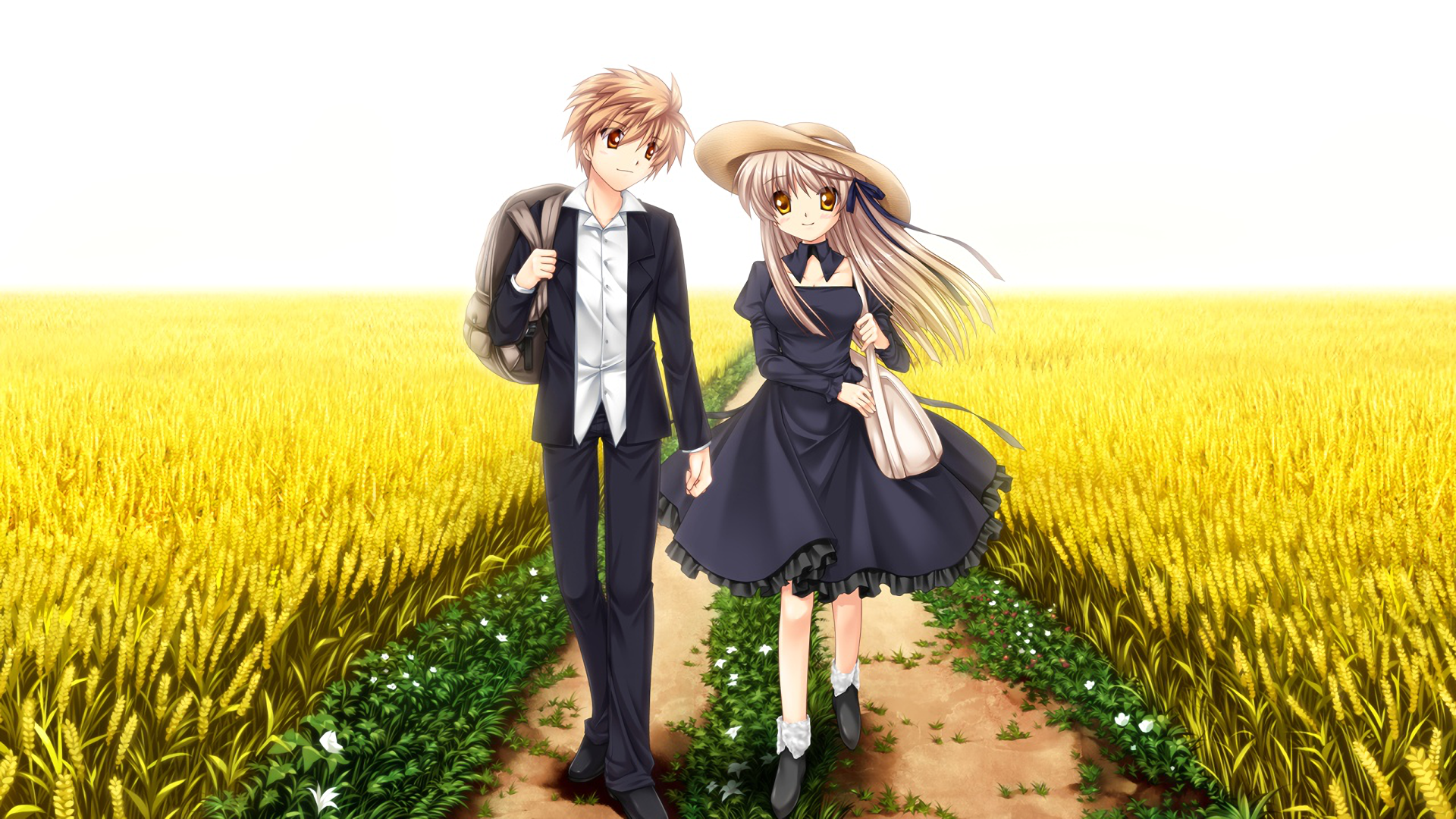 Anime-style HD PC desktop wallpaper featuring two characters from Rewrite walking on a path through a golden field under a bright sky.