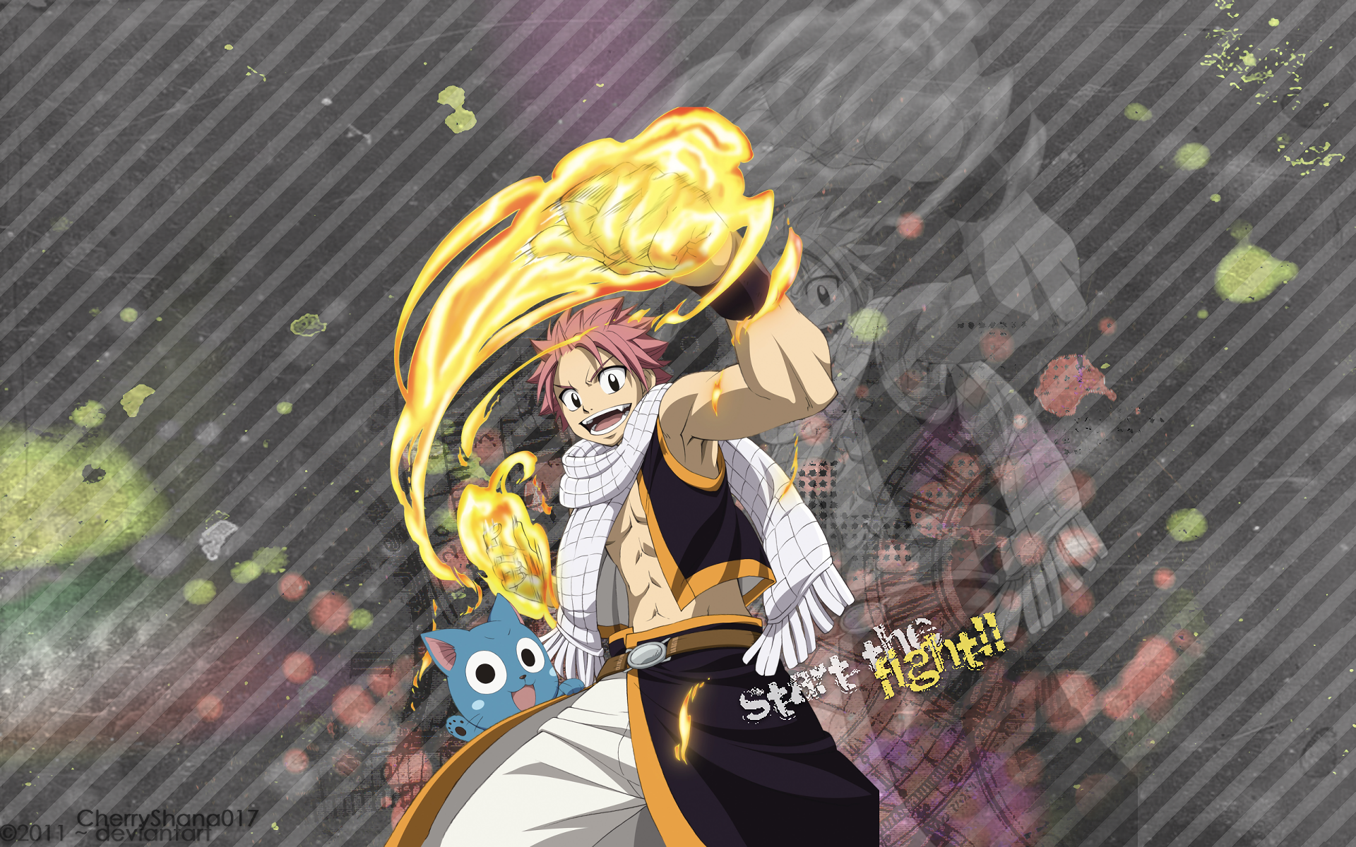 HD PC desktop wallpaper: Natsu Dragneel (Fairy Tail) grinning, conjuring a swirling flame with Happy the cat at his side; anime-style Fairy Tail background.