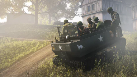 2K Quad HD PC desktop wallpaper from Heroes & Generals: WWII soldiers ride in a star-marked troop carrier down a misty country road past a timbered farmhouse.