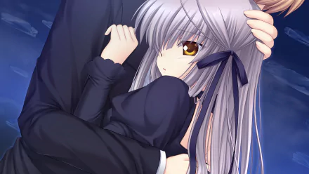 Anime-style HD PC desktop wallpaper from Rewrite, featuring a close embrace between two characters against a dark, moody background.