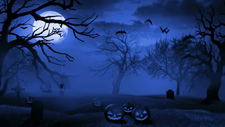 A haunting Halloween scene featuring a full moon illuminating a graveyard, bats in flight, spider webs, and carved jack-o'-lanterns amidst eerie, silhouetted trees.