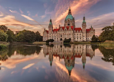 The New Town Hall in Hanover, Germany, beautifully reflected in a calm lake under a colorful sunset sky, captured in an HD desktop wallpaper.