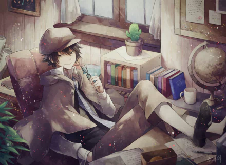 A serene HD wallpaper featuring an anime character from Bungou Stray Dogs, relaxing in a cozy room surrounded by books, plants, and a globe, exuding a tranquil atmosphere.