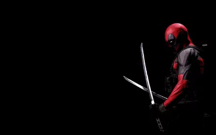 HD desktop wallpaper featuring Deadpool in his red and black bodysuit holding two swords against a dark background, embodying his Merc with a Mouth persona from the comics.