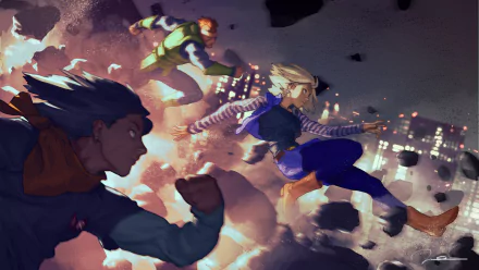 Dynamic HD wallpaper featuring Android 18, Android 17, and Android 16 from Dragon Ball Z, capturing a thrilling moment in this iconic anime's universe.