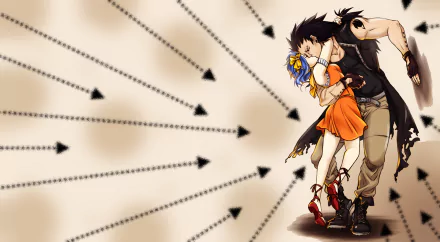 Gajeel Redfox and Levy McGarden embrace in an animated scene, featuring stylish attire like gloves, a coat, and boots against a dynamic background of arrows. A vibrant orange dress adds to the energy.