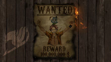 A wanted poster featuring Natsu Dragneel from Fairy Tail, showcasing his cheerful demeanor and a reward of 100,000,000$. Set against a rustic wooden background, this HD anime wallpaper captures the spirit of adventure.