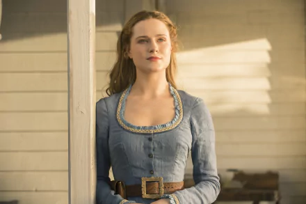 Dolores Abernathy, portrayed by Evan Rachel Wood, stands thoughtfully in a sunlit setting from the TV show Westworld, captured in a stunning HD wallpaper.