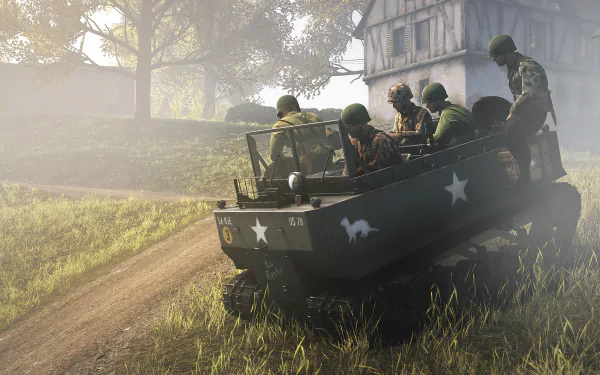 2K Quad HD PC desktop wallpaper from Heroes & Generals: WWII soldiers ride in a star-marked troop carrier down a misty country road past a timbered farmhouse.