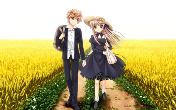 Anime-style HD PC desktop wallpaper featuring two characters from Rewrite walking on a path through a golden field under a bright sky.