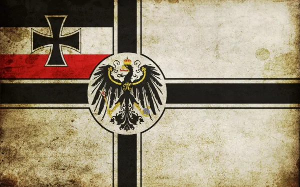 HD desktop wallpaper featuring a historical flag design with a central black eagle, cross patterns, and red accents against a textured background.
