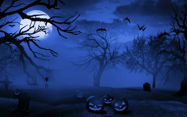 A haunting Halloween scene featuring a full moon illuminating a graveyard, bats in flight, spider webs, and carved jack-o'-lanterns amidst eerie, silhouetted trees.