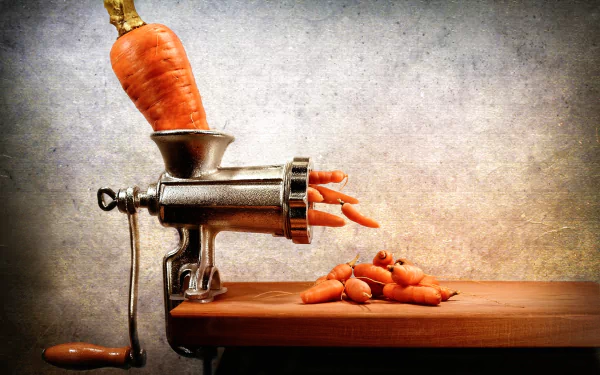 HD PC desktop wallpaper showing a fresh carrot being processed through a vintage manual meat grinder, with small carrot pieces exiting onto a wooden surface.