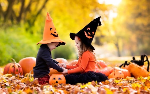 Holiday Halloween Child Little Girl Little Boy Fall Pumpkin Depth Of Field HD Wallpaper | Background Image