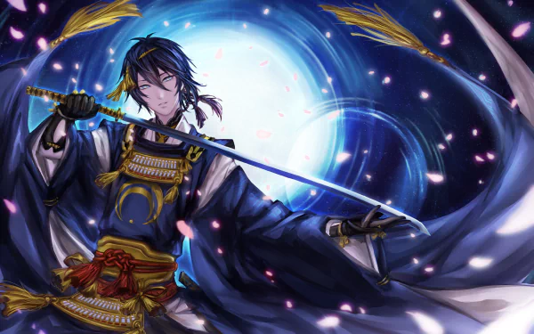 An HD desktop wallpaper featuring a character from Touken Ranbu, wielding a sword against a dynamic, moonlit background with swirling petals.