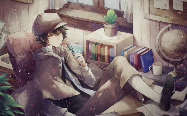 A serene HD wallpaper featuring an anime character from Bungou Stray Dogs, relaxing in a cozy room surrounded by books, plants, and a globe, exuding a tranquil atmosphere.