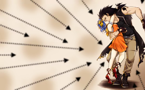 Gajeel Redfox and Levy McGarden embrace in an animated scene, featuring stylish attire like gloves, a coat, and boots against a dynamic background of arrows. A vibrant orange dress adds to the energy.