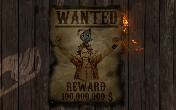 A wanted poster featuring Natsu Dragneel from Fairy Tail, showcasing his cheerful demeanor and a reward of 100,000,000$. Set against a rustic wooden background, this HD anime wallpaper captures the spirit of adventure.