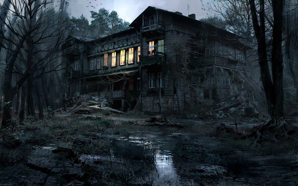 A dark, eerie haunted house looms in a shadowy forest, its glowing windows cutting through the night, capturing the essence of Halloween in this HD desktop wallpaper.
