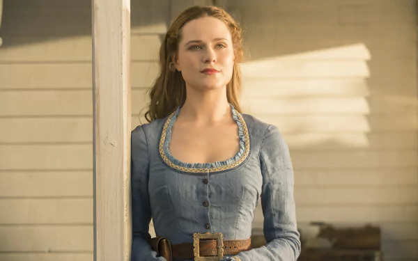 Dolores Abernathy, portrayed by Evan Rachel Wood, stands thoughtfully in a sunlit setting from the TV show Westworld, captured in a stunning HD wallpaper.