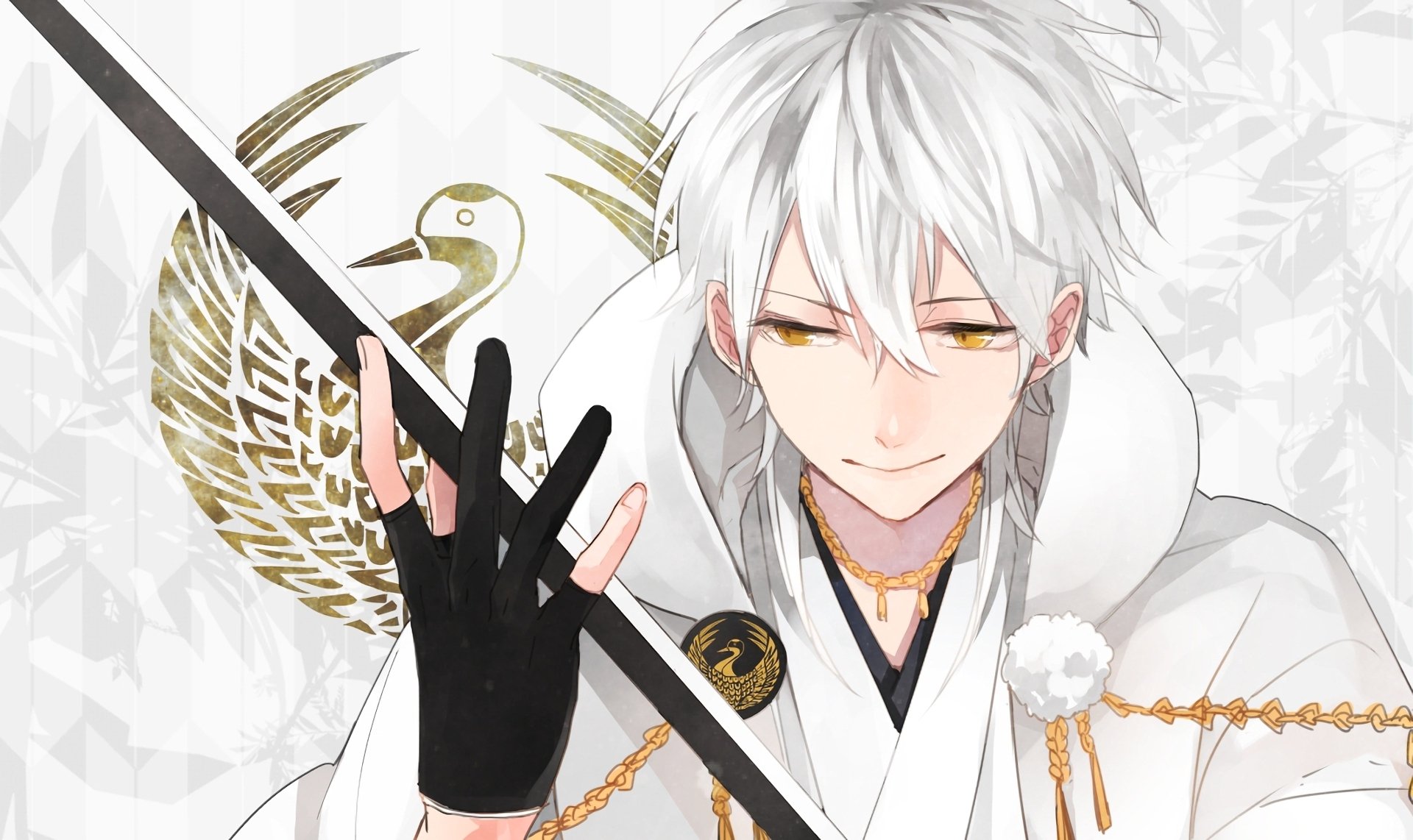 HD anime desktop wallpaper featuring a white-haired character from Touken Ranbu holding a sword, set against a subtle patterned background with a golden crane emblem.
