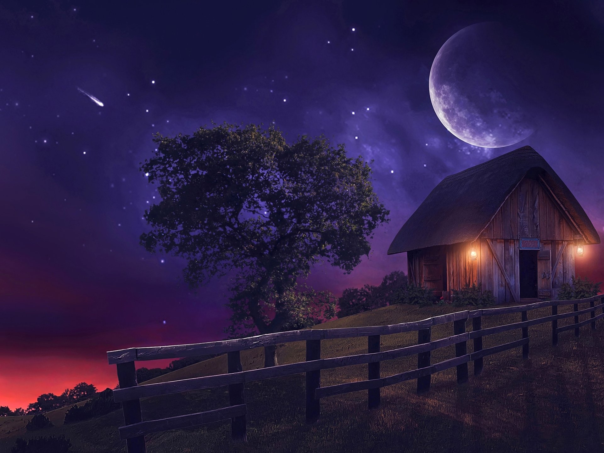 A serene fantasy scene featuring a tree and a shed under a starry sky, with a glowing moon and a wooden fence creating a tranquil atmosphere for an HD desktop background.