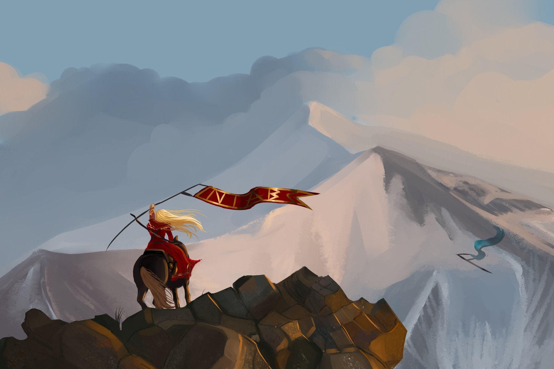 A blonde woman warrior on horseback atop rocky terrain, holding a flowing banner with a mountainous landscape and misty sky in the background. 4K Ultra HD fantasy wallpaper.