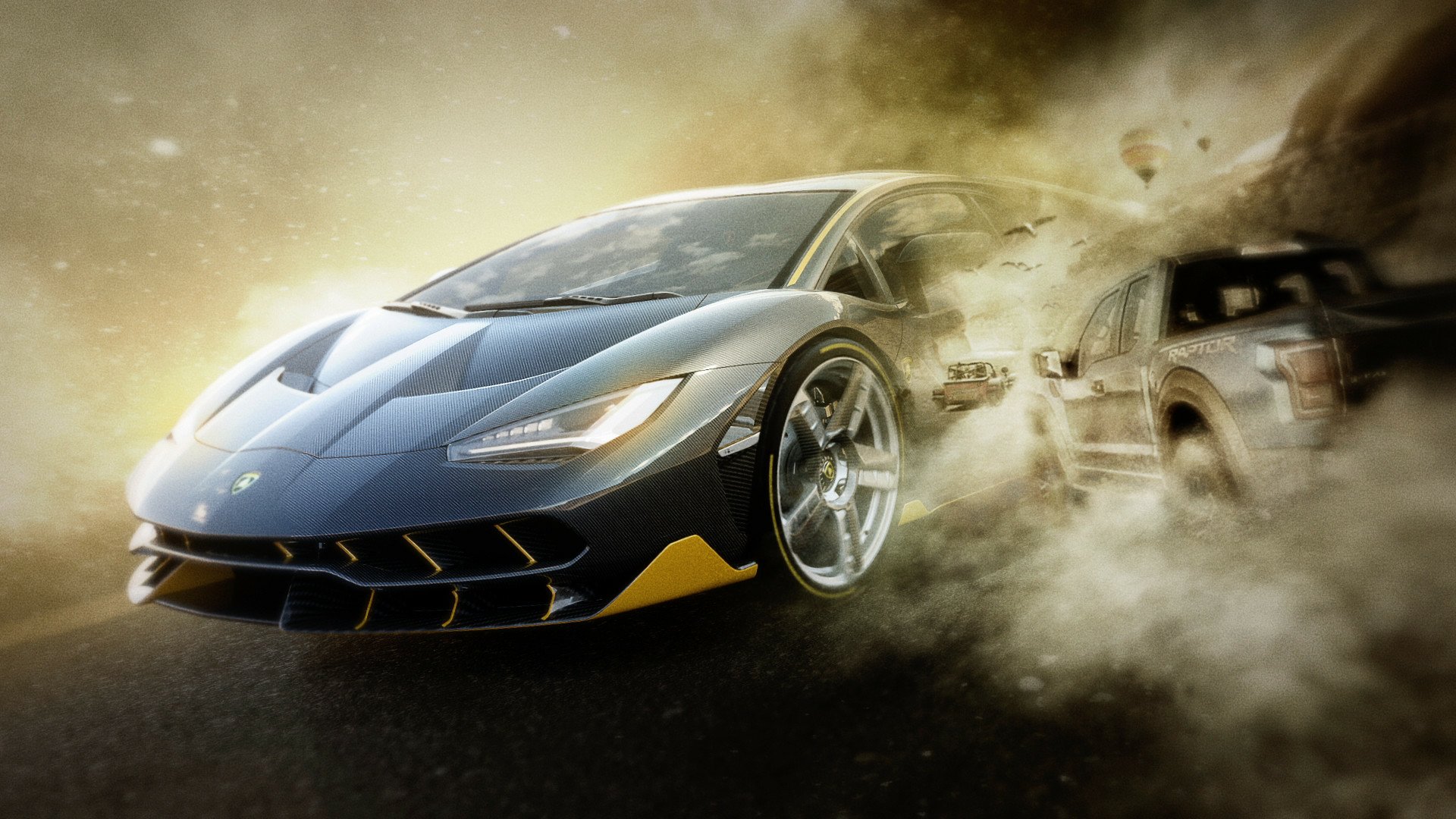 HD PC desktop wallpaper featuring a dynamic race scene from the video game Forza Horizon 3 with sleek cars speeding through dust and smoke.