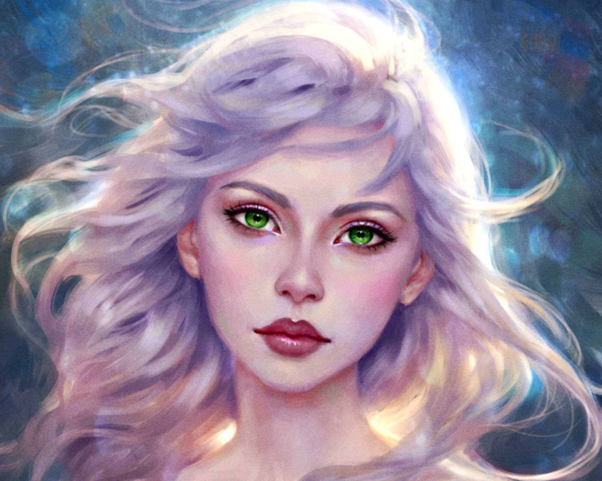 HD fantasy wallpaper of a woman with flowing white hair and striking green eyes, set against a softly glowing, mystical background.