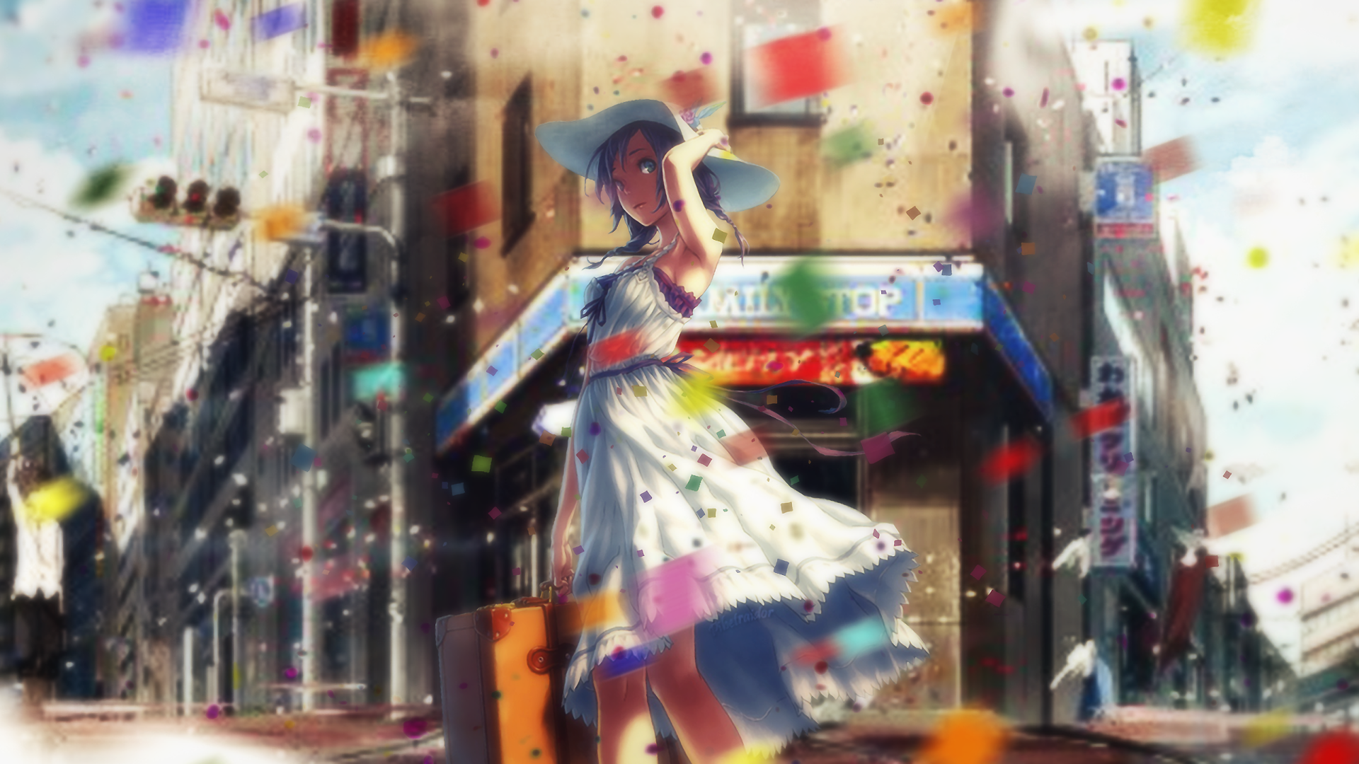 HD anime-style original artwork of a girl in a white dress and blue hat standing in a colorful urban street, designed as a PC desktop wallpaper background.