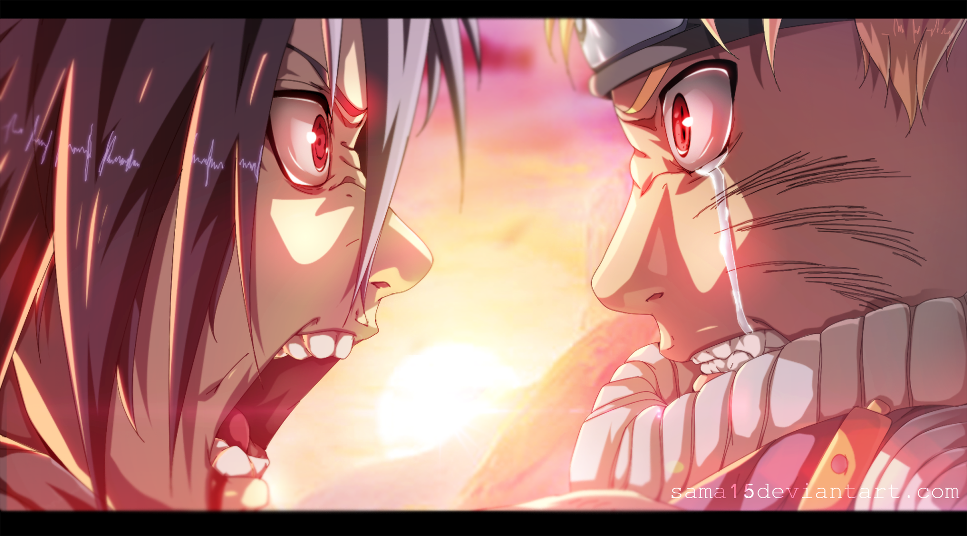 An intense close-up of Sasuke Uchiha and Naruto Uzumaki from the anime Naruto, showcasing their fierce expressions against a vibrant sunset background in high definition.