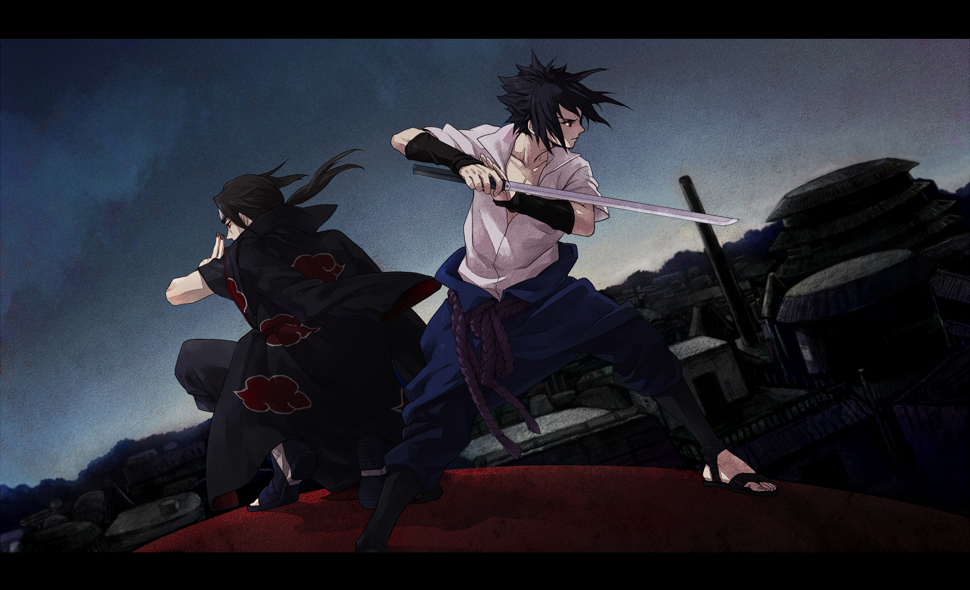 Two iconic characters, Itachi and Sasuke Uchiha, are depicted in a dramatic action pose from the anime Naruto, set against a dark, atmospheric background.