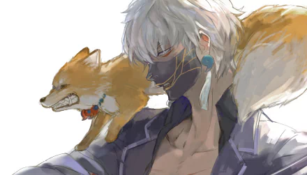 Anime-style HD PC desktop wallpaper featuring a character from Touken Ranbu with white hair, a dark mask, and a fox perched on their shoulder.