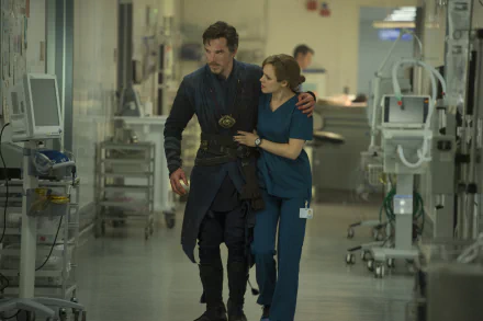 Rachel McAdams as Christine Palmer assists Benedict Cumberbatch in a scene from Doctor Strange. The image captures a dramatic moment in a hospital setting, featuring HD details.