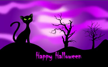 A playful black cat with green eyes sits on a hill, silhouetted against a vibrant purple Halloween sky, with spooky trees and the text Happy Halloween below.