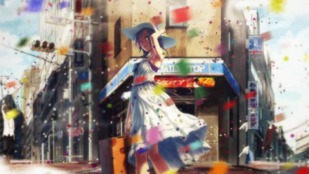 HD anime-style original artwork of a girl in a white dress and blue hat standing in a colorful urban street, designed as a PC desktop wallpaper background.
