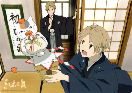 4K Ultra HD anime wallpaper featuring characters from Natsume Yuujinchou (Natsume's Book of Friends) in a traditional Japanese room holding a festive decoration.