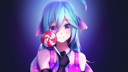 HD desktop wallpaper of an anime girl with light blue hair, purple eyes, and animal-like ears, holding a red and white striped lollipop against a glowing, dark background.