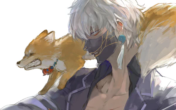 Anime-style HD PC desktop wallpaper featuring a character from Touken Ranbu with white hair, a dark mask, and a fox perched on their shoulder.