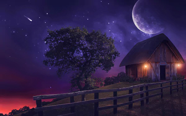A serene fantasy scene featuring a tree and a shed under a starry sky, with a glowing moon and a wooden fence creating a tranquil atmosphere for an HD desktop background.