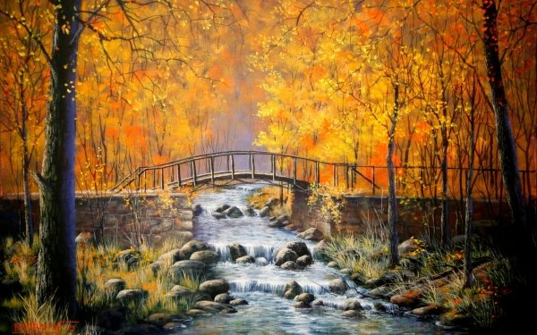 Artistic Painting Fall Tree Bridge Forest River Stream HD Wallpaper | Background Image