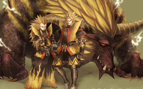 An HD desktop wallpaper featuring a crossover between Monster Hunter and Dragon Ball Z, depicting Super Saiyan Goku and Vegeta alongside Rajang, combining anime styles for a dynamic, electrifying scene.