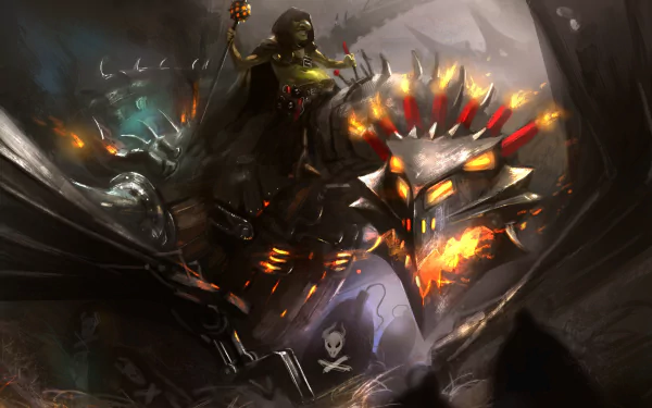 4K Ultra HD wallpaper featuring a fierce goblin riding a fiery dragon, inspired by the video game Hearthstone: Heroes of Warcraft.